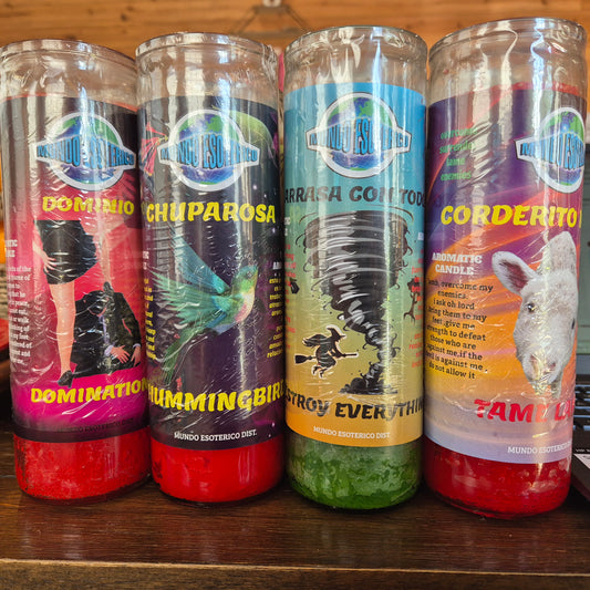 fixed candles for love, work, cleansing, domination, tame lamb, good luck, camphor, rue. and more. veladoras preparadas para el amor, y mas.